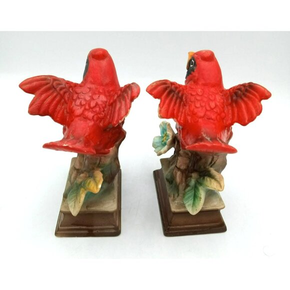 Bird Figurines Cardinals Hand Painted Ceramic Perched Flower Vintage Pair 4.25" - Picture 6 of 15